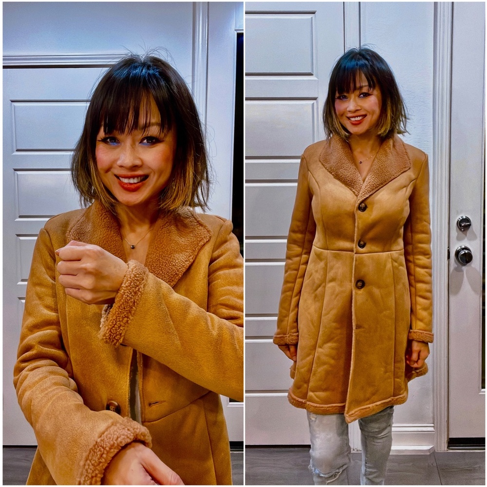 Camel Tan Shearling Lined Vegan Suede Jacket Coat - Picture 5 of 9